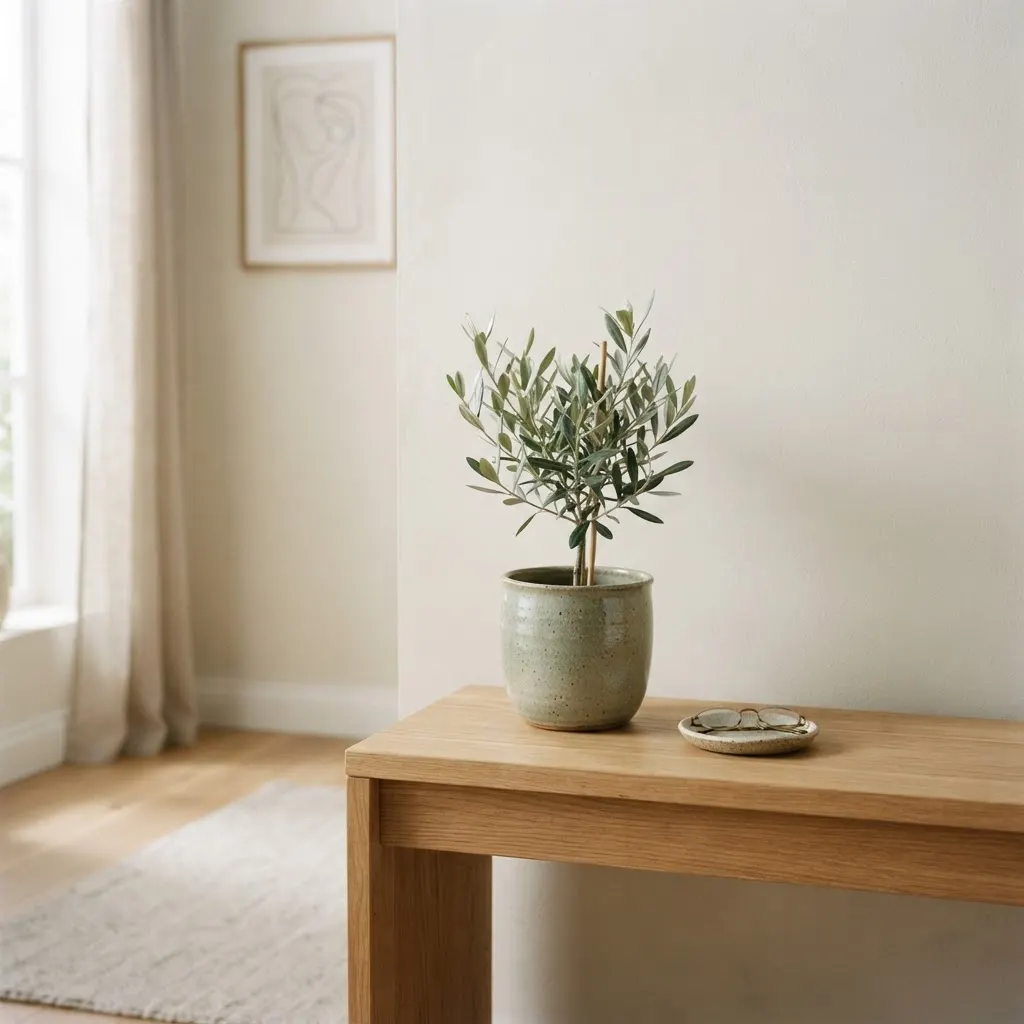 A modern minimalist interior with an olive plant on a console table